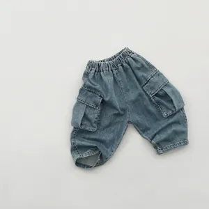Jeans Cargo Casual in Stile Coreano per Bambini e Bambine Pantaloni in Denim di Cotone Morbido Vita Elastica Primavera