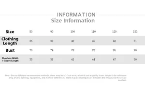 Detailed sizing chart for kids polka dot long sleeve T-shirt with length and bust measurements