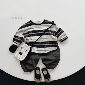 Vintage striped long-sleeve T-shirt and olive cargo pants outfit set for children