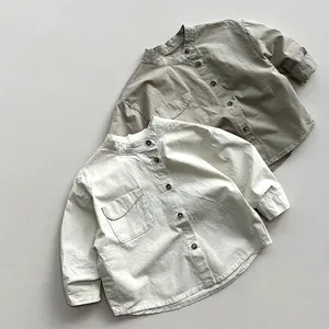 Kids Cotton Long Sleeve Stand Collar Shirt Minimalist Korean Style Boys Girls Solid Color Top With Single Chest Pocket