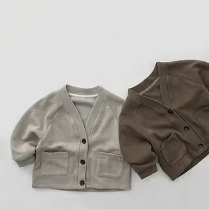 Kids Retro V-Neck Knit Cardigan Sweater Single Breasted Solid Color Soft Cotton Jacket For Boys Girls Spring Autumn Top