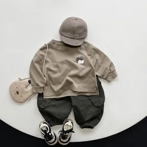 Boys and girls casual cargo pants set with khaki long sleeve shirt and green joggers