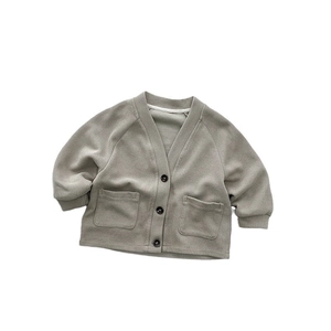 Classic light grey V-neck knitted cardigan for kids with three buttons and dual pockets