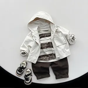 Kids Korean style spring outfit set with hooded beige jacket, striped top and brown pants