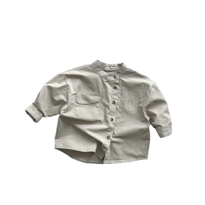 Japanese style kids long sleeve cotton shirt with mandarin collar and chest pocket