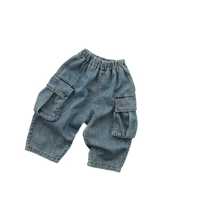 Pantaloni cargo in denim per bambini vestibilità comoda blu medio con elastico in vita