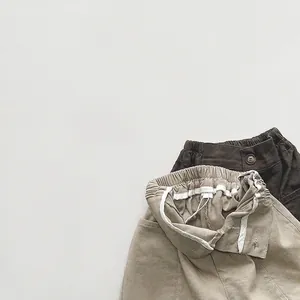 Kids casual twill cotton elastic waist pants in khaki and dark coffee brown colors