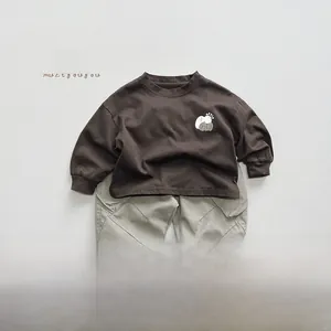 Flat lay of brown long sleeve cotton T-shirt with Apple print and khaki cargo pants