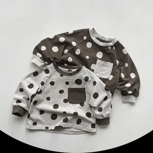 Kids Cotton Long Sleeve Polka Dot T-Shirt Korean Style Round Neck Top With Chest Pocket For Boys And Girls Daily Wear