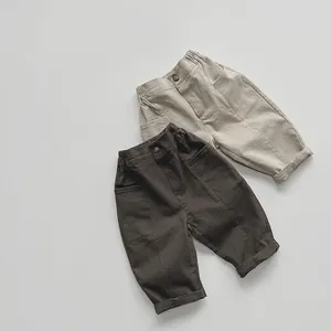 Kids Cotton Casual Pants Korean Style Elastic Waist Solid Color Long Trousers For Boys Girls Soft Daily Loose Pants