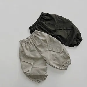 Kids Cargo Pants 100% Cotton Loose Fit Casual Trousers With Large Pockets Elastic Waist Soft Solid Color For Boys Girls
