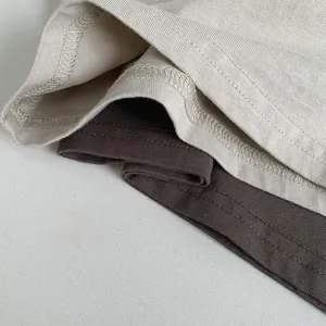 Gros plan des poignets en tricot beige et marron avec surpiqûres à double aiguille