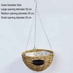 Hanging woven plant basket with metal chains and waterproof liner in three sizes