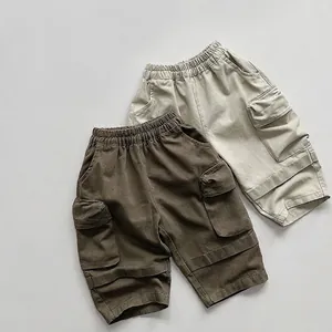 Kids Cotton Cargo Pants Boys Girls Casual Utility Trousers Elastic Waist Multi Pocket Loose Sweatpants Spring Autumn Wear