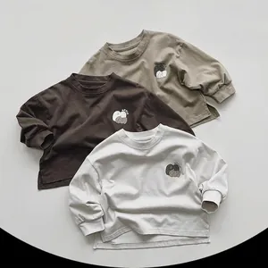 Korean Style Kids Cotton Long Sleeve T-Shirt Apple Print Crew Neck Drop Shoulder Top For Toddler Boys Girls