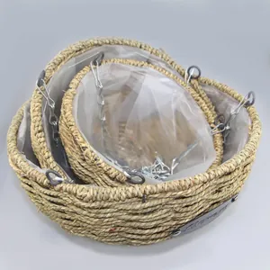 Set of 3 round hanging woven planters with waterproof lining and metal chains