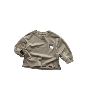 Kids long sleeve olive green cotton t-shirt with Apple print and side slits