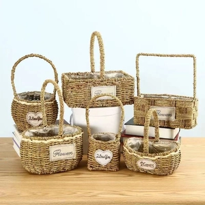 Handmade Woven Rattan Flower Basket With Handle Waterproof Lining Korean Pastoral Straw Storage Basket For Home Wedding Decor