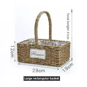 Rectangle woven straw flower basket with high handle and waterproof liner detail
