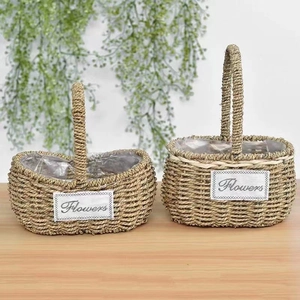 Handmade woven grass flower baskets with handles and waterproof liners for home decor