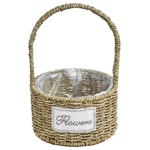 Handcrafted cylindrical straw flower basket with handle and waterproof lining