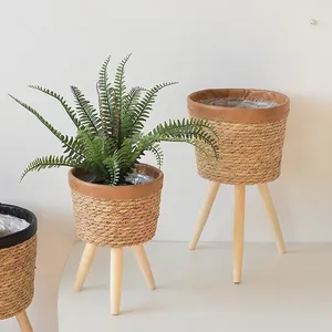 Nordic Hand Woven Straw Plant Stand With Wooden Legs Minimalist Indoor Flower Pot Basket For Living Room Balcony Home Decor