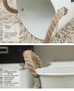 Detail of thickened cream vintage metal flower bucket with handcrafted hemp rope handles
