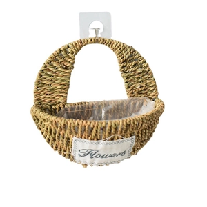 Handwoven seagrass wall hanging flower basket with waterproof liner and Flowers tag
