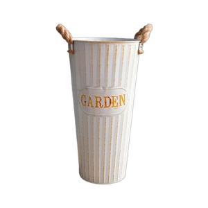 Vintage white metal garden flower bucket with embossed Garden text and hemp rope handles