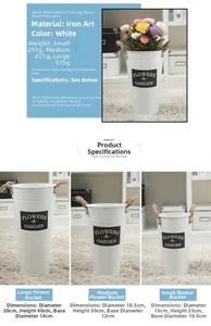 Detailed size chart for white iron flower buckets with rope handles and floral text