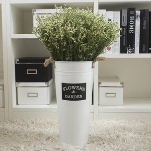 Nordic vintage white metal flower bucket with hemp handles and elegant dried flowers