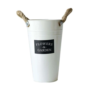 Vintage Nordic white metal flower bucket with twin jute rope handles for garden decor