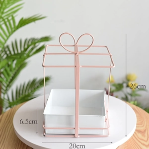 Pink heart-shaped metal gift box flower stand with white tray, dimensions 26cm by 20cm