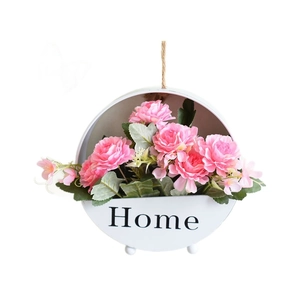 Nordic wall-mounted wooden flower basket with pink artificial flowers and Home print