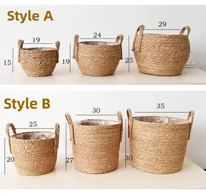 Size chart showing dimensions for Style A and B woven grass planters with handles