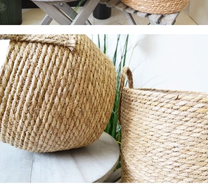 Close-up of natural woven fiber texture and sturdy handle on a handmade basket