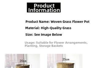 Detail of handwoven seagrass planters with 20cm and 25cm sizes for home decor