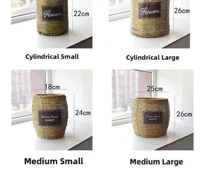 Detail showing height measurements for cylindrical and belly-shaped woven plant baskets
