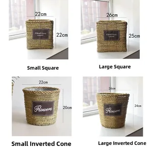 Size chart for square and conical woven straw planters with plastic lining