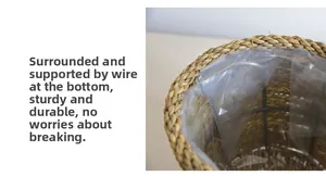 Detail view of woven basket showing wire support frame and waterproof plastic liner