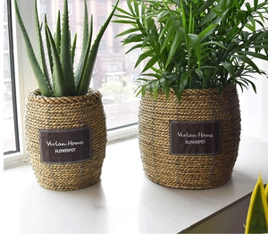 Close-up of handwoven straw planters with green plants on a bright white windowsill