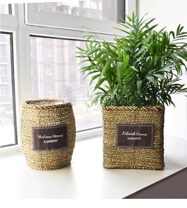 Detailed view of woven straw flower pots with brand labels on a bright windowsill