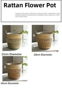 Size chart showing three dimensions for handwoven natural seagrass plant baskets with tassels