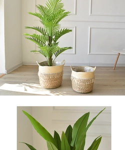 Detail of woven seagrass basket with white fringe trim and plastic liner for plants