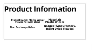 Detailed product specifications for the hand-woven plastic rattan plant pot with metal stand