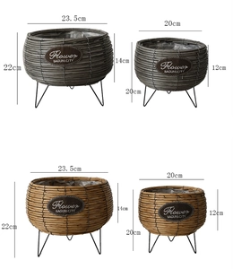 Detailed size chart for spherical woven planters with black three-legged metal stands