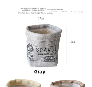 Detail of washable cotton linen flower pot bags in grey, beige and brown-red colors