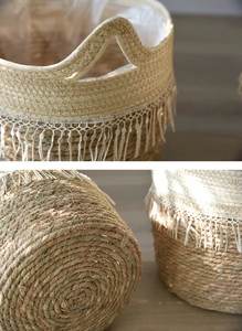 Close-up of woven basket with lace trim, seagrass texture and waterproof liner details