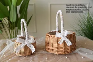 Macro detail of handmade woven flower basket set with lace handles and rustic texture