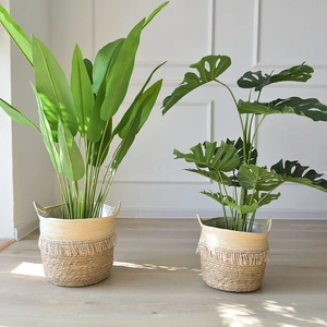 Nordic Handmade Woven Plant Fiber Basket With Tassels And Handles Bohemian Indoor Planter Cover For Living Room Decor